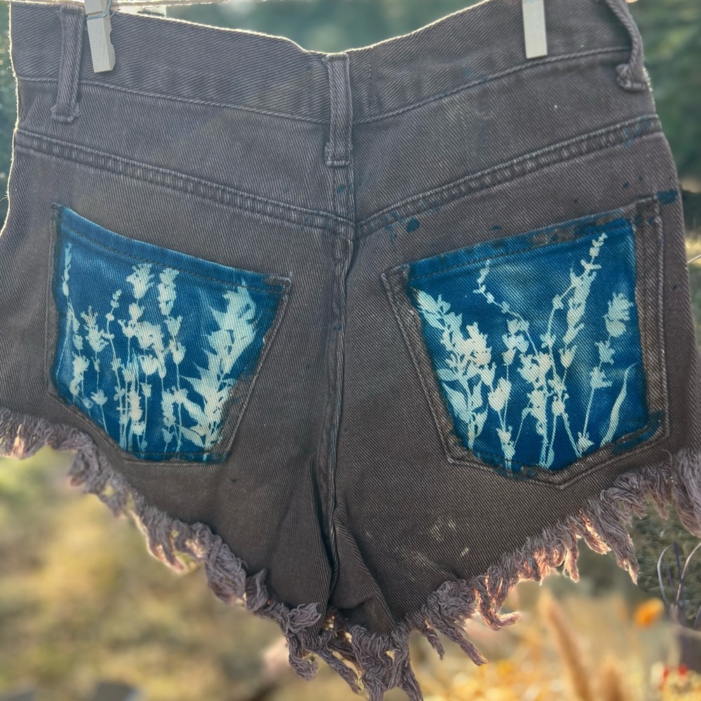 Frayed Denim Shorts with Cyanotype print